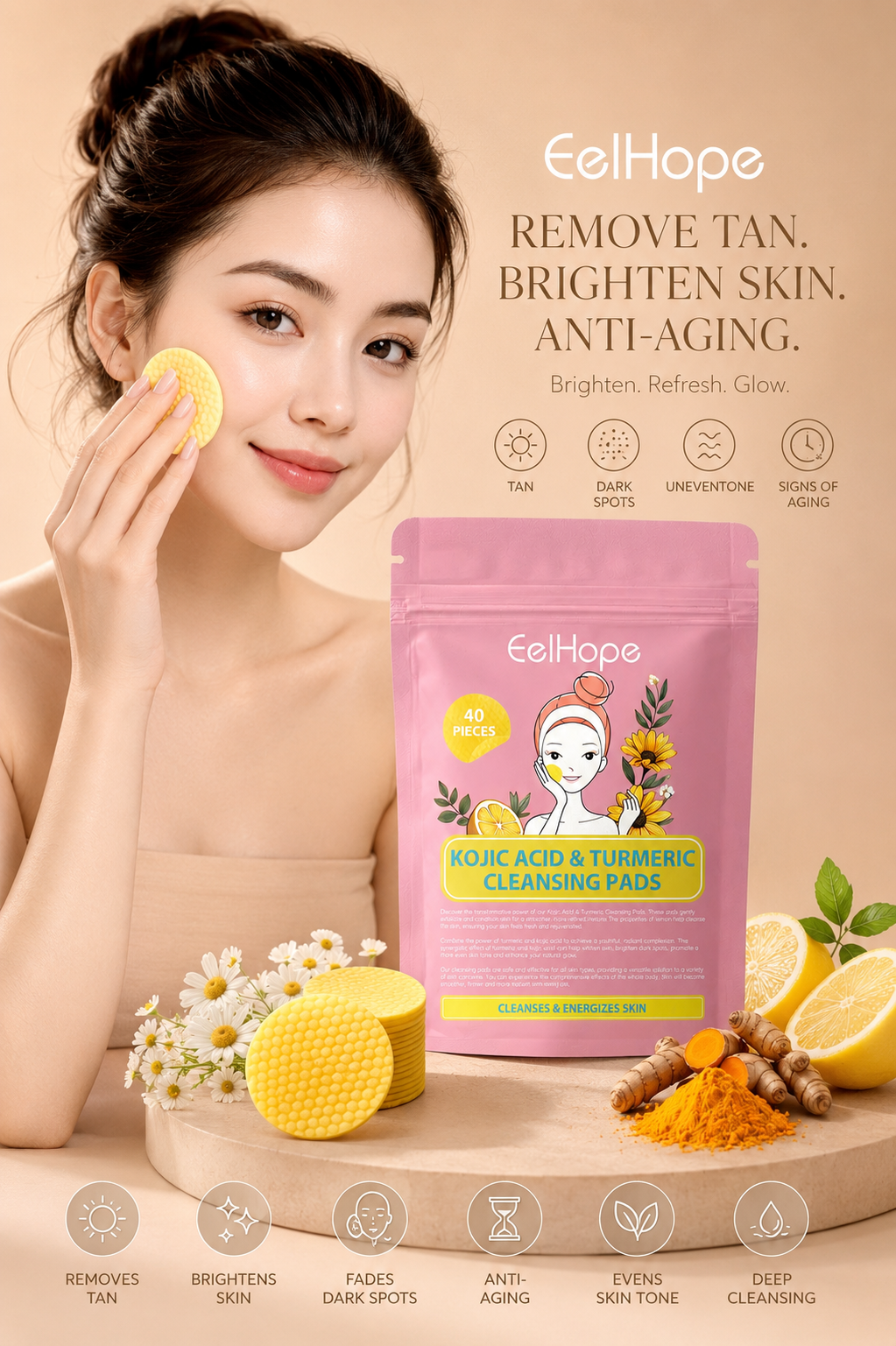 Shapenix Kojic Acid And Turmeric 40 Pieces Cleansing Pads Skin Brightening, Fades Dark Spots, Tan Remove, Anti-aging